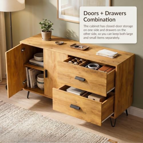 Image of FFO Haven Sideboard Cabinet for Living Room | 2 Door Storage Cabinet with 2 Drawers, Modern Sideboard Cupboard for Bedroom, Dining Room & Hallway, Wood Finish Cabinet with Metal Hairpin Legs DIY