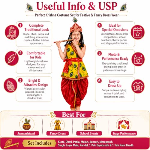 Image of Sarvda Krishna & Radha Dress for Kids - Complete Janmashtami Costume Sets with Dhoti /Lehenga, Mukut, Mor Pankh, Bansuri & Accessories | Fancy Dress for Baby Boys & Girls