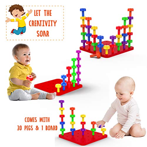 Stacking Peg Board Set Toy | 30 Pegs & Board + Free Storage Bag | STEM Color Learning Sorting Matching Game Montessori Occupational Therapy Fine Motor Skills Toddlers Preschool Boys Girls - Thumbnail 4