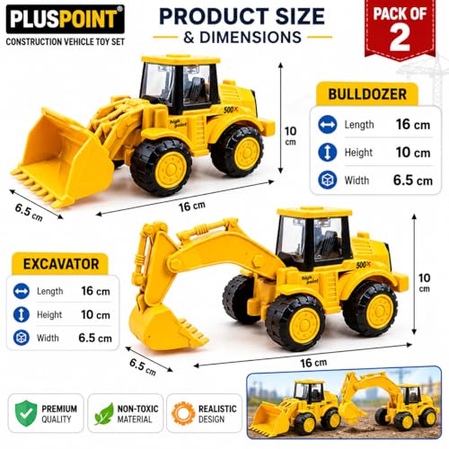 Image of PLUSPOINT Construction Excavator & Bulldozer Toy Vehicles Set for Kids | Friction Powered Push & Go Construction Trucks | Pretend Play Building Vehicle Toys for Boys & Girls Age 3+