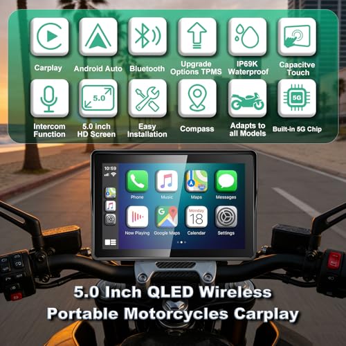 Image of 2026 YZW GPS Carplay 5 inch for Motorcycle with TPMS, Wireless CarPlay & Android Auto, GPS Nevigation, Supports Bluetooth, Siri, Google Assistant, Vioce Control, USB, IP69K HD Waterproof Touchscreen