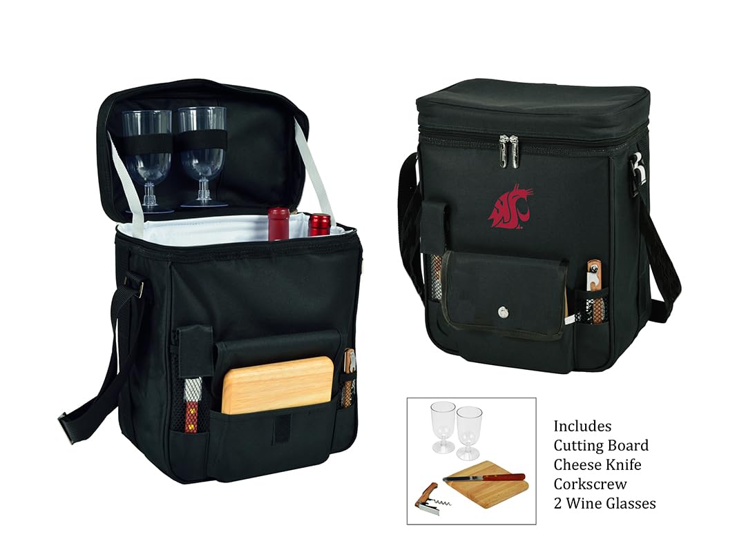 Washington State Licensed Cougars Wine and Cheese Picnic Basket/Cooler with Hardwood Cutting Board, Cheese Knife and Corkscrew, Assembled & Quality Approved in The USA