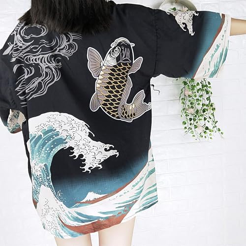 Image of LAI MENG FIVE CATS Women's Floral Print Loose Blouse Japanese Kimono Tops | Puff Sleeve,Cover up Top,Casual Cute Tops,Summer Cardigans 2026