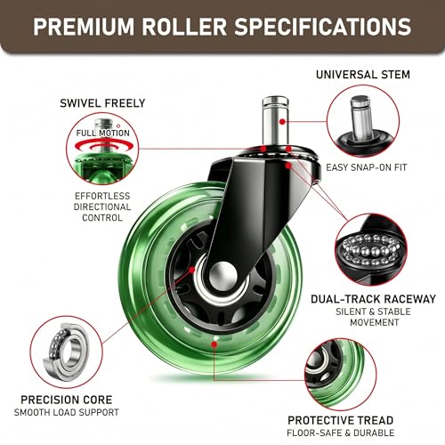 Image of 3 Inch Office Chair Wheels, Set of 5 (Green) | Heavy Duty Replacement Casters for Hardwood Floor & Carpet, Smooth Quiet Roll, Universal 11mm Stem, Non-Marking PU Wheels