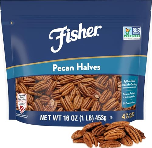 Image of Fisher Unsalted Raw Pecan Halves, 16 oz, Non-GMO Vegan Keto Baking Nuts