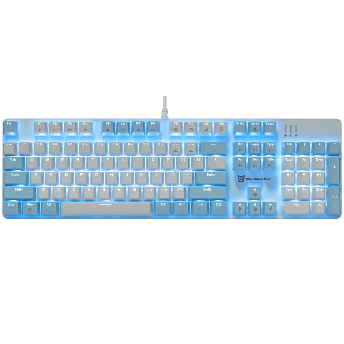 Qisan Teclado mecánico para juegos, teclado con cable LED retroiluminado, azul y blanco, 104 teclas, diseño americano, teclado para juegos con extraíble, interruptor marrón