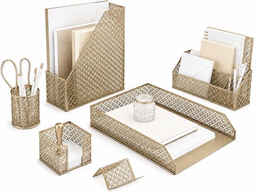 BLU MONACO | Gold Desk Organizer Set with Mail Sorter, Sticky Note Holder, Pen Cup...