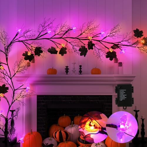 6.5FT Halloween Willow Vine Twig Black Halloween Garland with Pumpkin Bat Purple Orange Battery Operated LED Lights for Table Runner Centerpieces Mantel Fireplace Decorations Indoor [8 Modes, Timer]