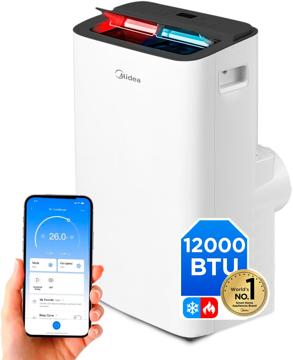 MIDEA Climatiseur Mobile Silencieux 12000 BTU avec Évacuation - Chauffage et Climatisation Portable Prêt à Poser 3500W - Clim Réversible Split Mobile - Kit de Fenêtre, App Control et Pompe a Chaleur