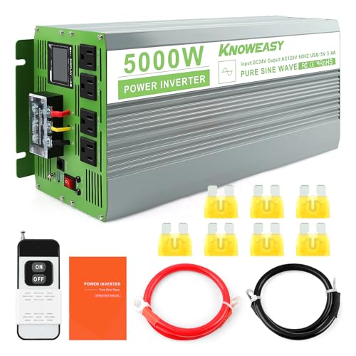 Image of Knoweasy 5000W Pure Sine Wave Inverter 24V DC to 110V 120V AC Converter 10000W Peak with LCD Display, Remote Control, Dual AC Outlets, USB Charging Port and Wiring Terminal for Home RV Solar System
