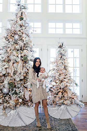 Glitter Christmas Tree Skirt 24 Inches Round Silver Small Sequin Tree Skirt Fabric For Christmas Tree Decorations Xmas Ornaments #TOP5