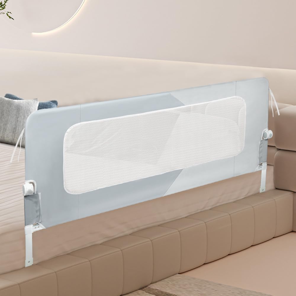 Barrera de cama infantil abatible, tela Oxford, barrera de seguridad infantil, diseño extra alto (gris + gris claro, 150 x 73 – 86 cm)