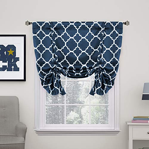 H.VERSAILTEX Thermal Insulated Blackout Curtain - Tie Up Curtains for Small Window (Rod Pocket Panel, 42' W x 63' L, Moroccan Tile Quatrefoil Navy Pattern)