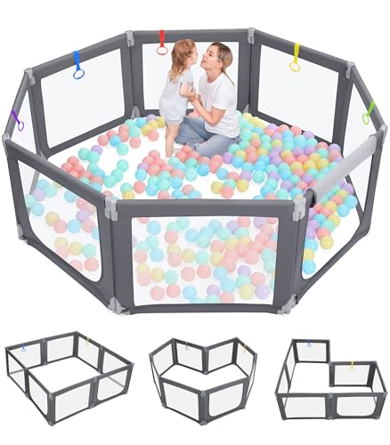 Image of Dripex Foldable Baby Playpen, 71"×69" Play Pens for Babies and Toddlers, Safe Anti-Fall Play Yard with Gates, Baby Fence with Breathable Mesh, Indoor & Outdoor Kids Activity Center, Slate Grey