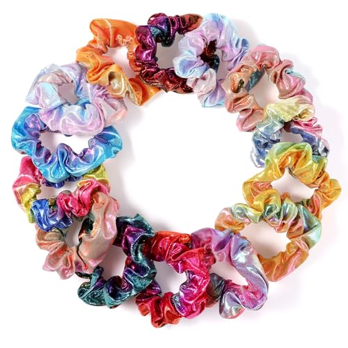 YBEATY 24 Pcs Rainbow Scrunchies for Women Cute Bulk Hair Scrunchie Shiny Metallic Elastic Hair Bands Ponytail Holder Colorful Sparkly Mermaid Ropes Accessories Gift for Girls Party Favors
