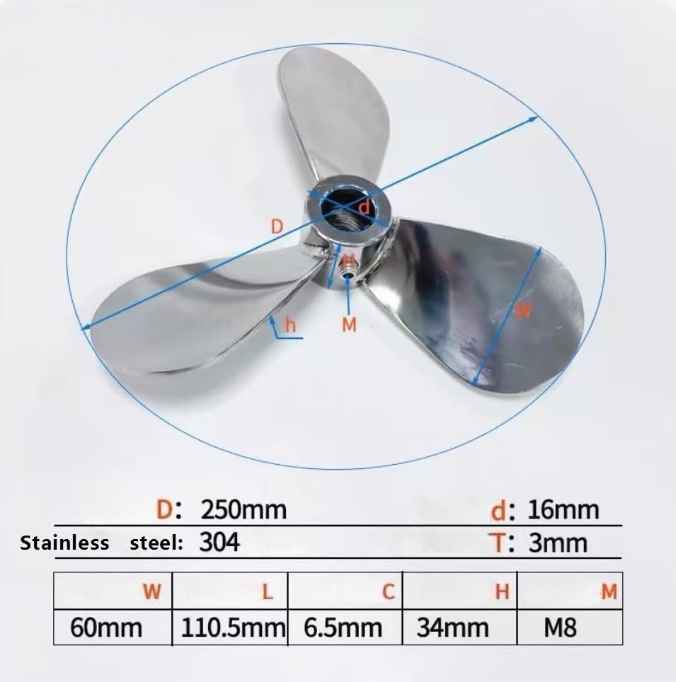 Mixing Blade, Stainless Steel Mixer Impeller, Laboratory Mixing Blade with Three bladed Diameter of 250mm, Inner Hole Diameter of 16mm, Blade Length of 106mm,3PCS