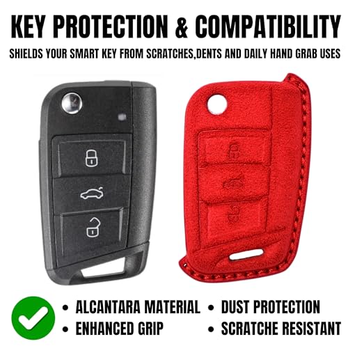Image of KMH Alcantara Car Key Cover Compatible with Volkswagen Polo Vento Jetta Ameo Passat and Skoda Rapid Laura Superb Octavia Fabia Yeti 3 Button Shell Case Holder Smart Keycover (D1) Red - Pack of 1