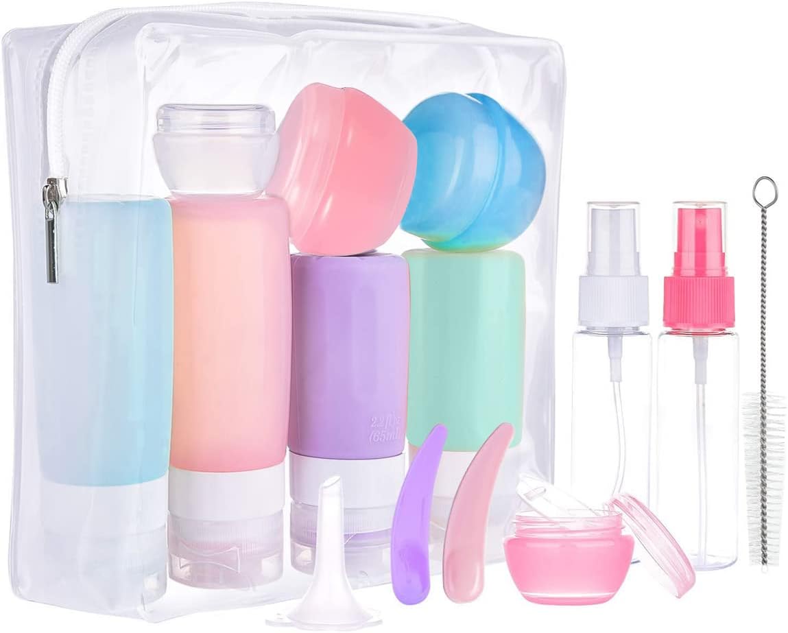 MaycreateSet Of 14 Travel Bottles For Toiletries,Leak Proof Silicone Squeezable Container Spray Bottle For Shampoo,Gel,Cream Jars,Lotion Dispenser -With Applicator,Funnel,Clean Brush Set - 85 Ml