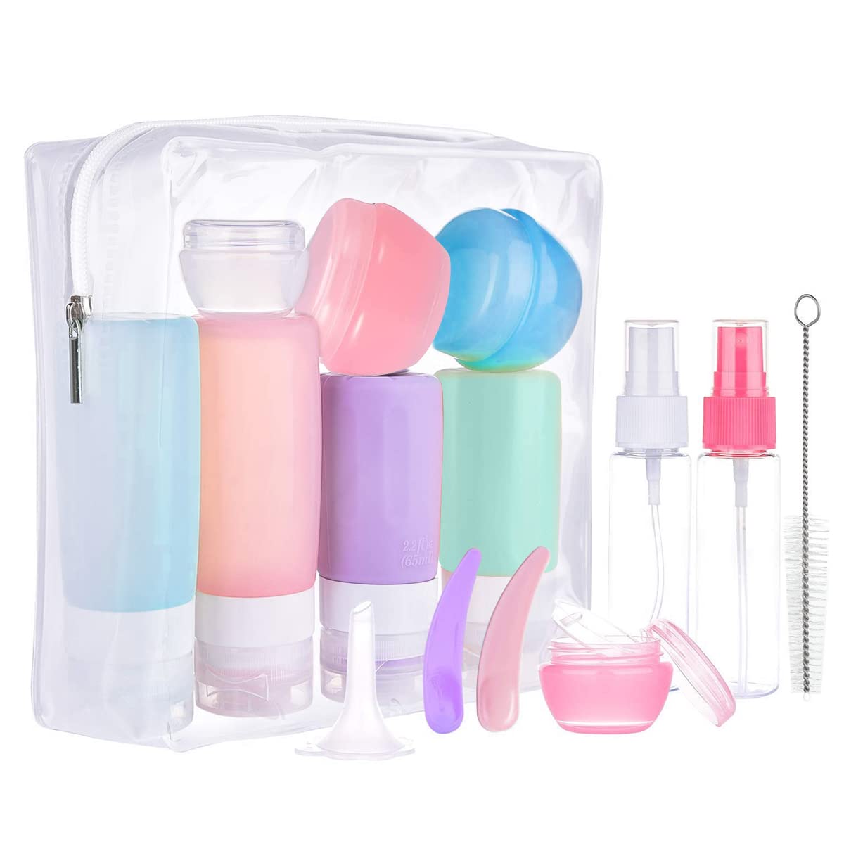 MaycreateSet Of 14 Travel Bottles For Toiletries,Leak Proof Silicone Squeezable Container Spray Bottle For Shampoo,Gel,Cream Jars,Lotion Dispenser -With Applicator,Funnel,Clean Brush Set - 85 Ml