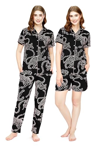 Image of ZEYO Night Suit For Women's Leopard Printed Cotton Night Dress Of Shirt,Pajama & Short's 3Pc's Pajama Set 5731