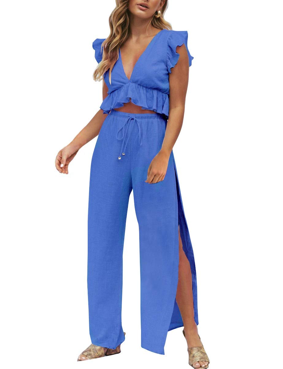 FANCYINNWomens 2 Pieces Outfits Deep V Neck Crop Top Side Slit Drawstring Wide Leg Pants Set Jumpsuits