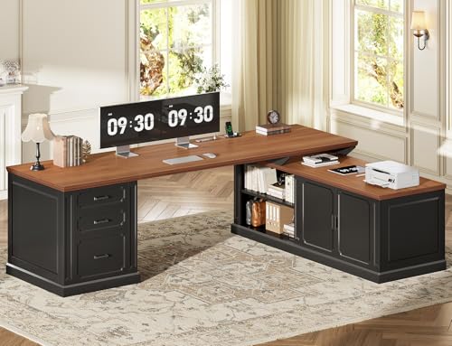Image of SEDETA Farmhouse L Shaped Desk with Drawers, 70.9 inch Home Office Desk with Storage Cabinet and Storage Shelves, L Shaped Computer Desk with Power Outlet，Black+Brown