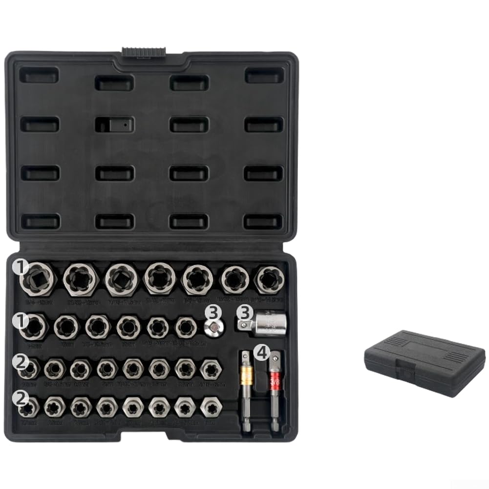 Set di estrattori di bulloni di precisione con bussole a spirale inversa nelle misure 6, 8, 10, 12, 14, 17, 19, 22 e 27 mm, con adattatore per punte da trapano (16 pezzi)