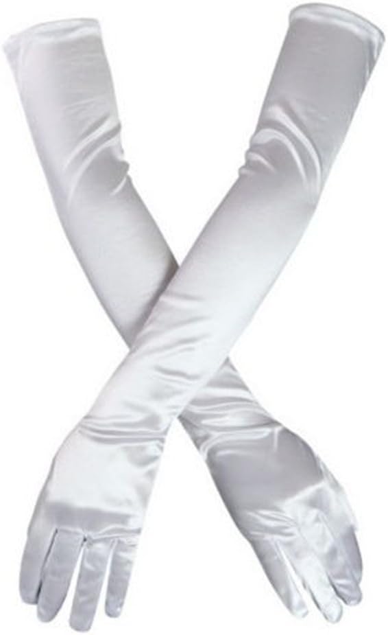 Women's Evening Party Mittens 21" Long Black/White Satin Finger Gloves