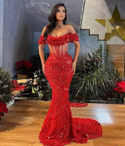 Mermaid Prom Dresses for Women Sparkly Sequins Off Shoulder Formal Evening Dress with Train He50922