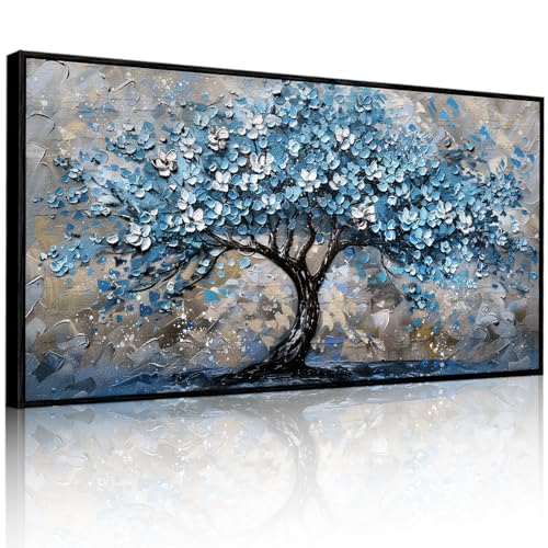 Tableau arbre de la vie bleu 50x100 cm avec cadre en bois pour salon
