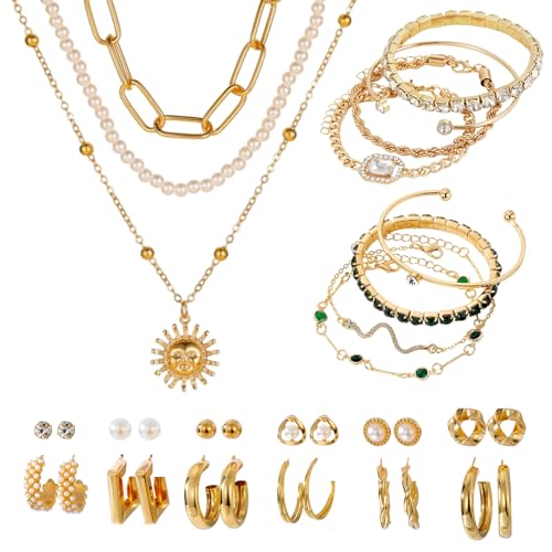 HTTDSLF 33 Pcs Parure Bijoux Femme, Ensemble de Bijoux pour Femme, Bracelet Femmes, Collier Femmes, Lot de Bracelet Réglable Or pour Femme Fille Cadeau Bijoux
