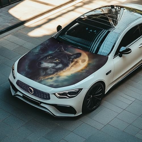Image of Car Hood Cover Protector,Wear-Resistant Dust-Proof Print Hood Covers for Cars,Universal Accessories for Decoration Black Wolf Moon Pattern