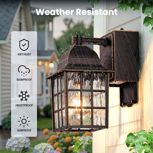 Image of Gleamz Dusk to Dawn Outdoor Porch Light with GFCI Outlet, Farmhouse Oil Rubbed Bronze Gold Trim Exterior Garage Lighting Fixtures Wall Mount for House, Anti-Rust Waterproof Outside Wall Sconce Lantern