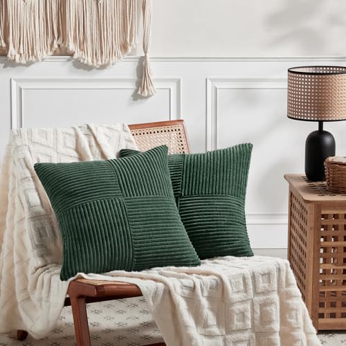 Image of Fancy Homi Set of 2 Dark Green Decorative Throw Pillow Covers 22x22 Inch for Living Room Couch Bed, Boho Farmhouse Forest Green Home Decor, Soft Corss Corduroy Patchwork Textured Cushion Case