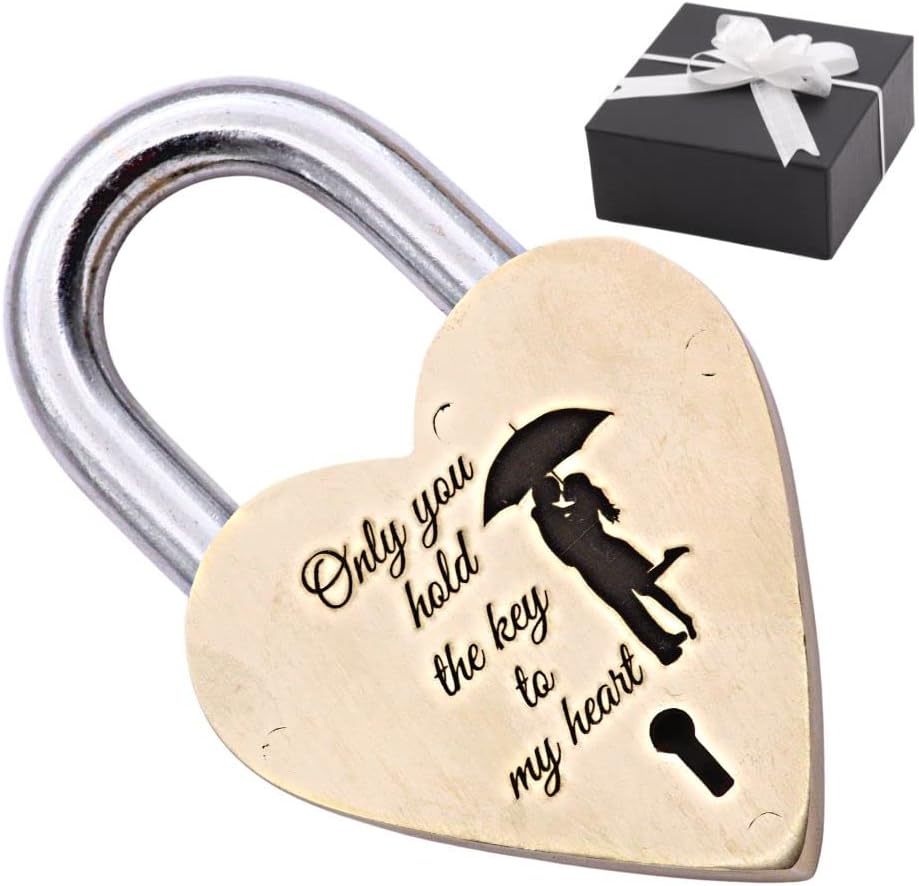 Personalized Brass Padlock, Heart Shaped Lock Customized, Padlock with Key, Engraved Keepsake,Gift for Husband, Wife, Boyfriend, Girlfriend, Custom Name & Date Love Lock for Bridge