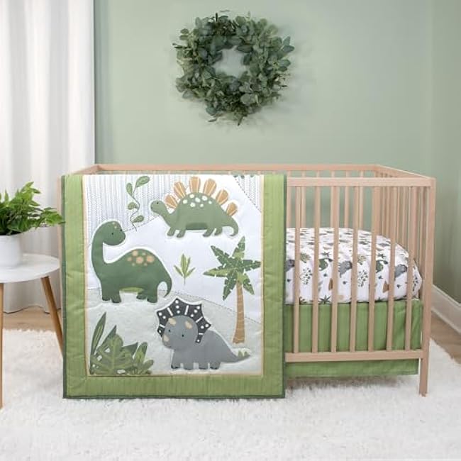 The Peanutshell 3 Piece Baby Crib Bedding Set for Boys - Newborn, Infant & Toddler Nursery Bed Set Decor with Fitted Crib Sheet, Dust Ruffle Comforter - Dinosaur Dreams