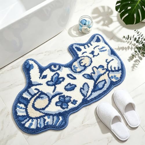 Softania Cute Cat Bath Mat - Fun Bathroom Rug for Cat Lovers Cute Bathroom Decor Soft Absorbent Microfiber Bath Rug Machine Washable Funny Bath Mat with Non Slip Rubber Backing (31.5 x 21.6)
