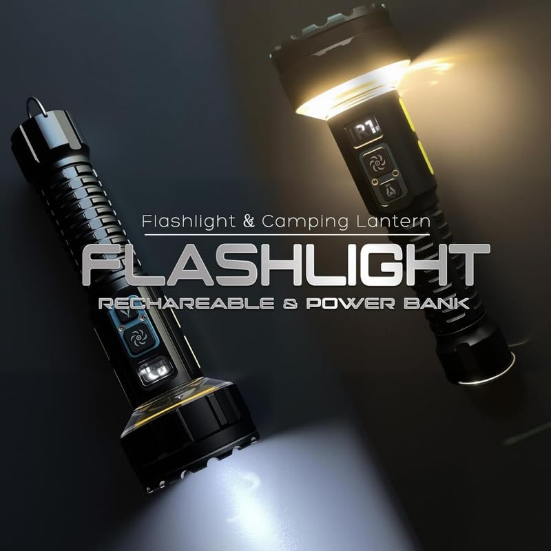 Torcia elettrica ad alta luminosità 3500LM/4000mAh ricaricabile/COB luce da campeggio per emergenza/escursionismo/casa multi-modalità tattica tipo (compatta). Nero.