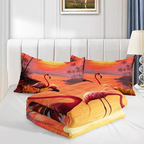 Image of AILONEN Pink Flamingos Comforter Set for Kids Girls Women Bedroom Decor Full Size,3-Piece Beach Sunset Bedding Sets,Hawaiian Style Duvet Set,1 Quilt + 2 Pillowcase,Soft Microfiber