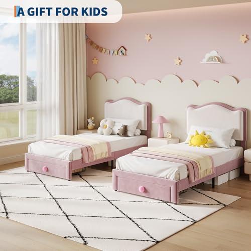 GarveeHome Upholstered Twin Bed Frame with Storage Drawer & Scallop Headboard, Princess Twin Size Platform Bed Frames for Kids Girls, Wooden Slats Support, No Box Spring Needed, Pink/White