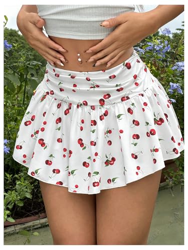 Verdusa Women's Cute Cherry Print Mini Skirt Ruched A Line Short Flowy Skirt3