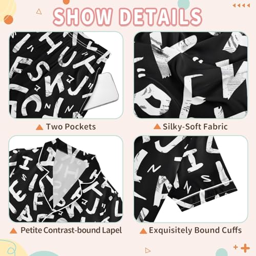 Black Letters Pajamas Set Summer Button Down Sleepwear Pjs Sets Comfy Loungewear3