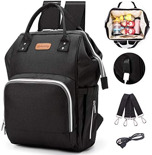 Large Capacity Diaper Bag Backpack with USB Charging Port, Multi-Function Travel Backpack, Waterproof Nursing Bag for Mommy, Baby Nappy Bag with Anti-Theft Pocket - Include 2 Stroller Straps (Black)