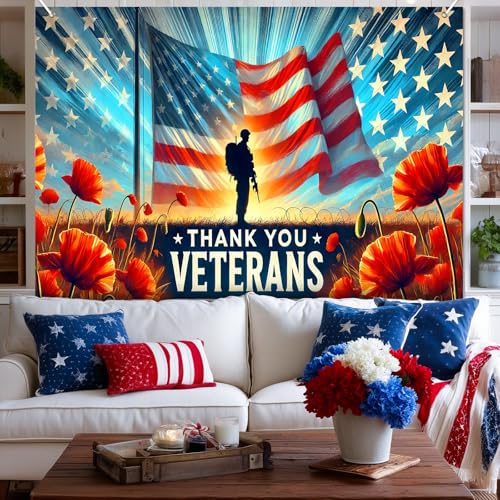 Image of BlissYard Thank You Veterans Backdrop 4th of July Decorations Patriotic Banner 8x6ft American Flag Soldier Decorations for Memorial Day Veterans Day Independence Day Party