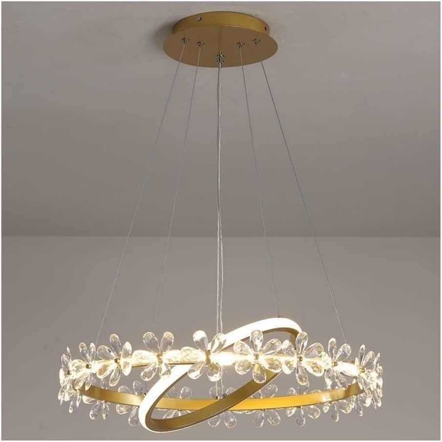 Lampe suspendue vintage française en aluminium doré et lustre cristal