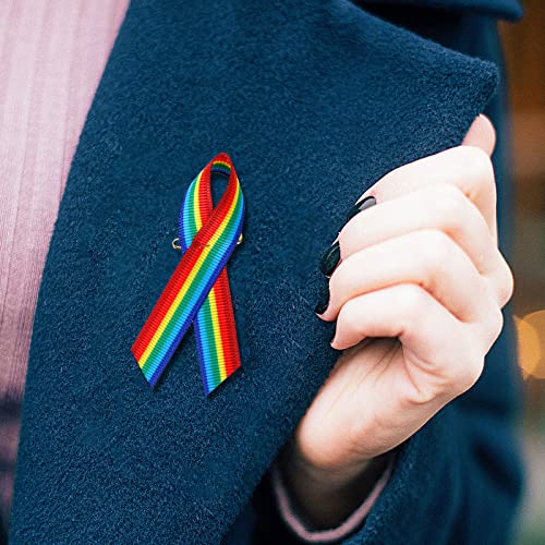 Image of 100 Pieces Rainbow Awareness Ribbons with Safety Pins Grosgrain Ribbon 1.4 * 3 inch