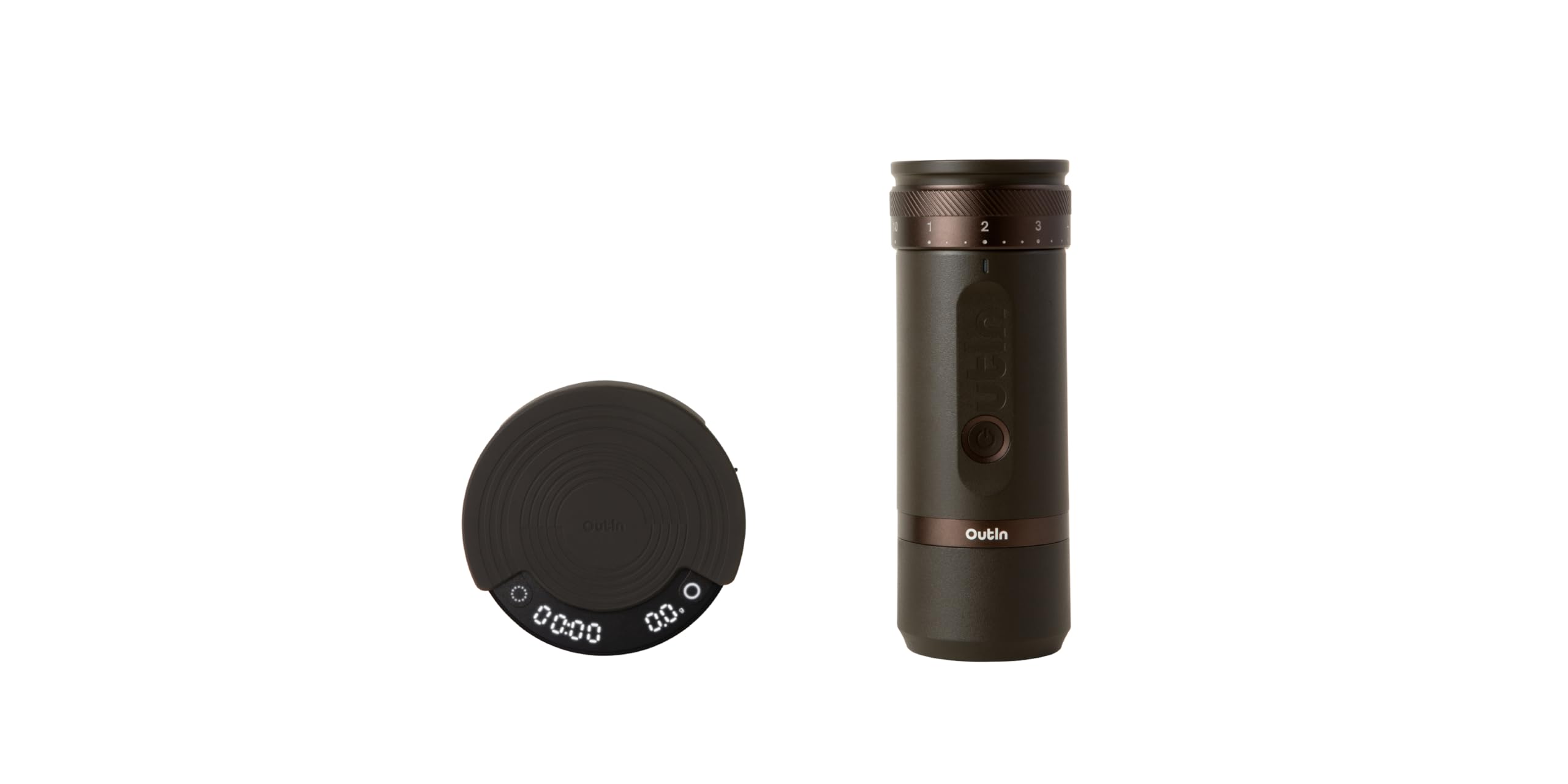 OutIn Fino tragbare elektrische Kaffeemühle und OutIn Claro tragbare Kaffeewaage im Set