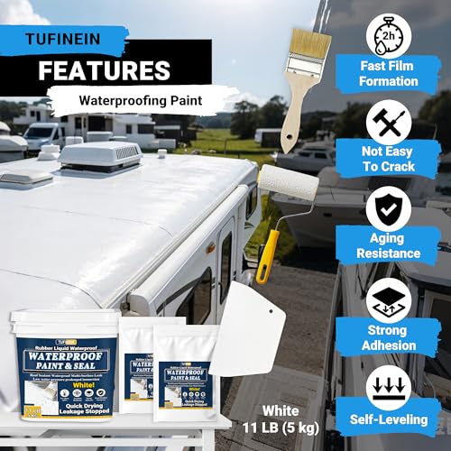 Image of Rubber Liquid Waterproof Sealant, TUFINEIN 11 LB /5 KG White Quick Drying Multi Surface Foundation Leak Repair - Roof Gutters Basement Sealer Waterproof - Indoor & Outdoor Flexible Rubber Paint