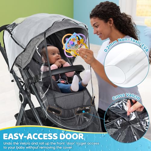 Image of Universal Clear Stroller Rain Cover, No-Zip Waterproof Stroller Cover - Food Grade EVA & Frosted PVC, Baby Travel Weather Shield, Breathable Rain Cover for Most Single Strollers, Black