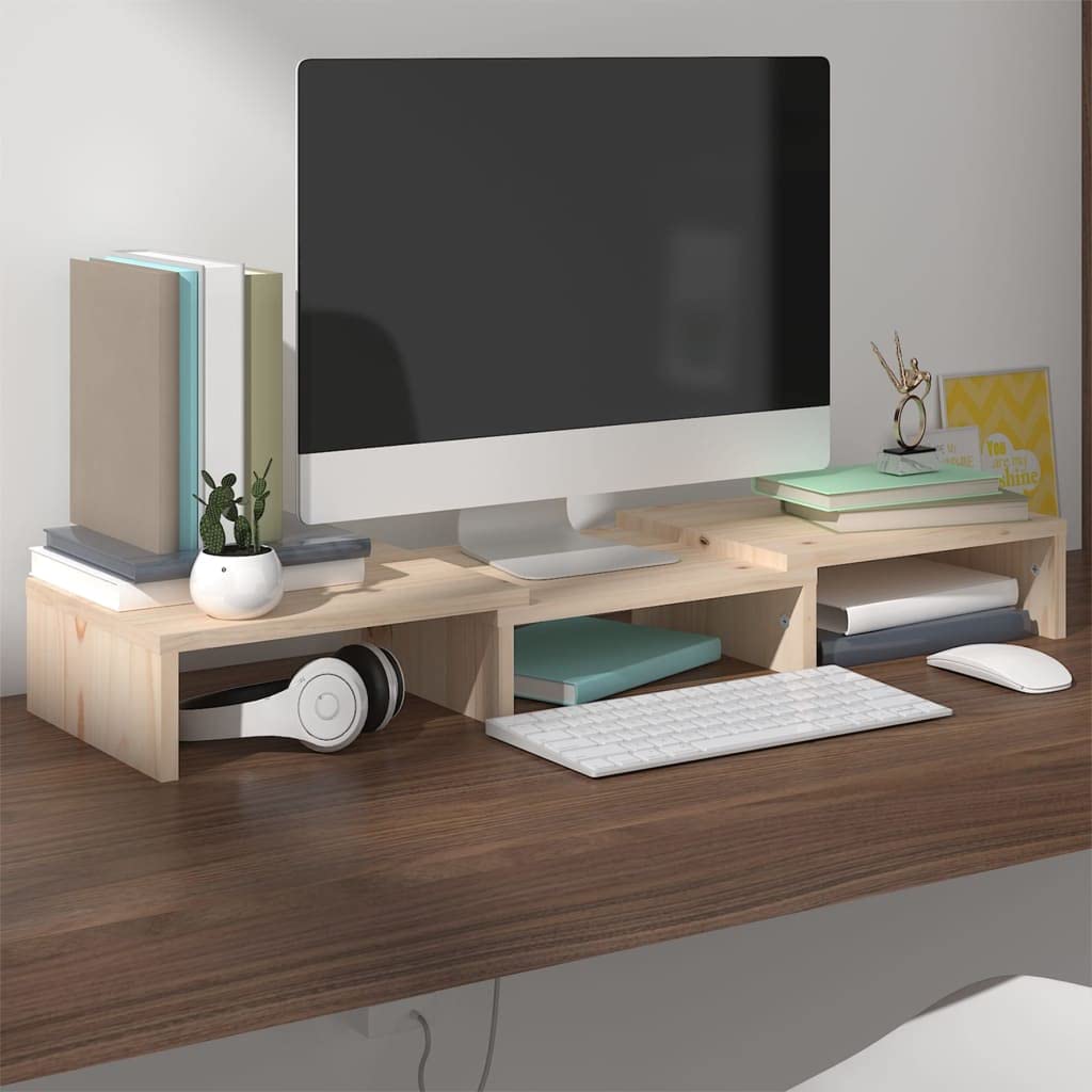 VidaXL Solid Wood Pine Monitor Stand Wooden Desktop Riser Display Shelf Desk Cabinet Laptop Screen Stand Dual Monitor Table Living Room Furniture